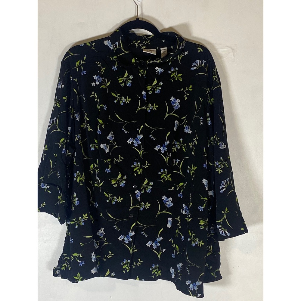 Covington Woman 26W 28W Black Floral Button Front Blouse 3/4 Sleeve